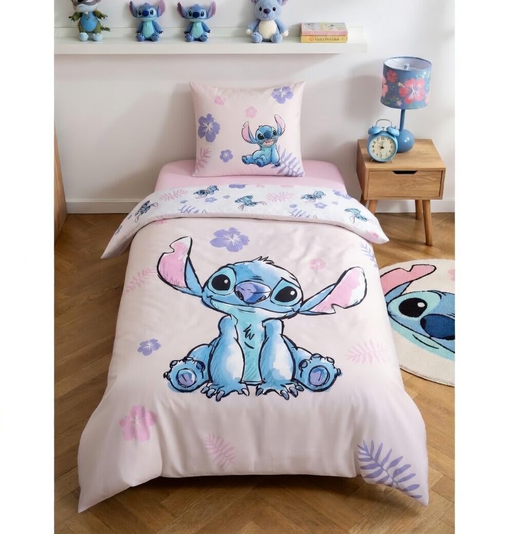 Disney Stitch Pink Reversible Bed Linen Set, 100% Cotton, Duvet Cover 135 x 200 cm, Pillowcase 80 x 80 cm