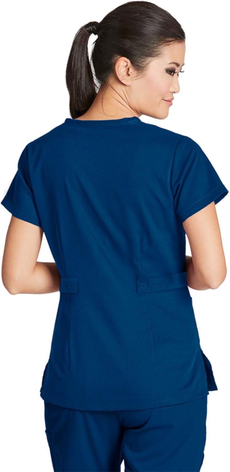 Grey's Anatomy Women's 4153 Junior-Fit Three-Pocket Mock-Wrap Scrub Top, Indigo, Medium: Medical Scrubs Shirts: Clothing