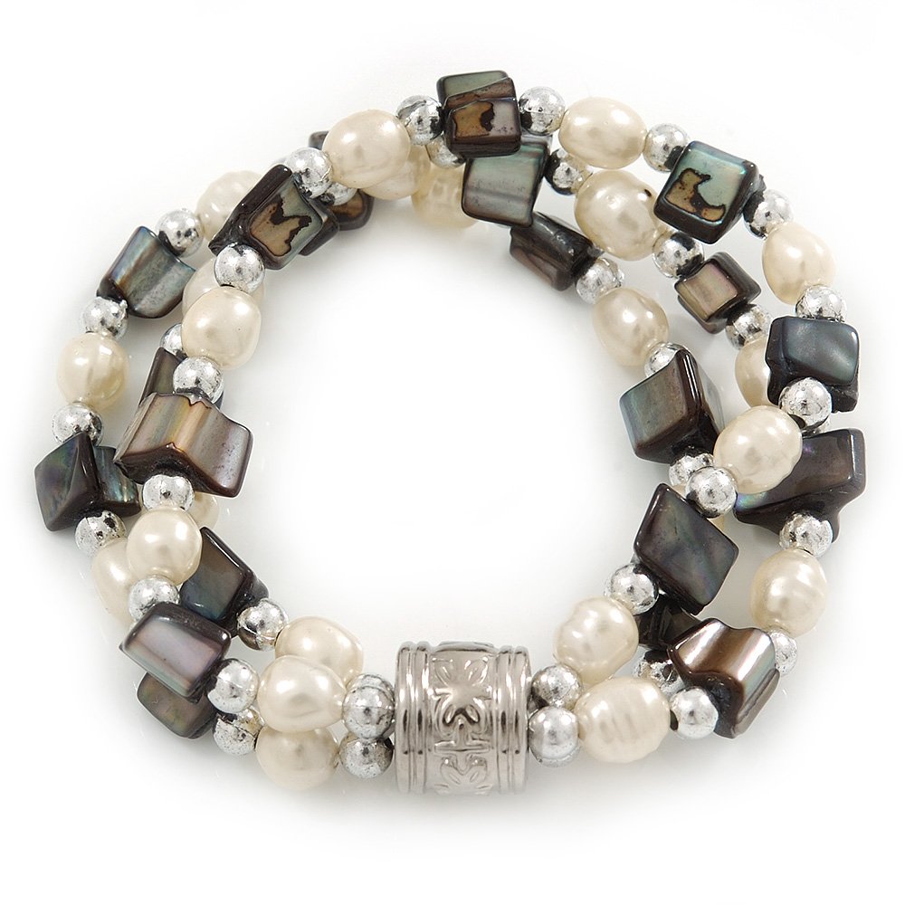 Avalaya 3 Strand Freshwater Pearl, Slate Black Shell Nugget Flex Bracelet - 20cm L