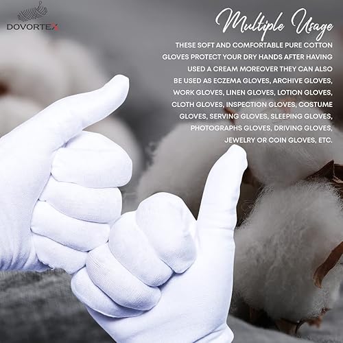 20 Pcs White Cotton Gloves for Eczema, Dry Hands, Moisturizing