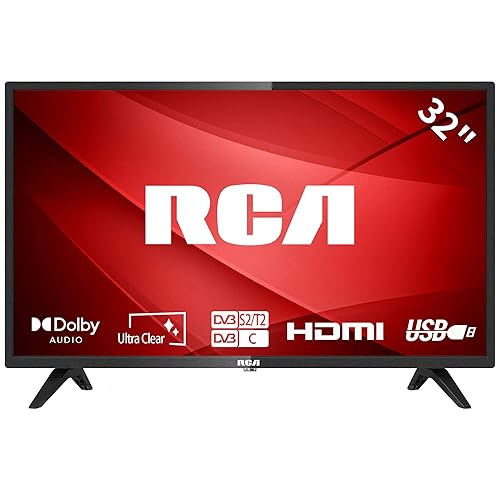 RCA 32 Inch 720P TV, Freeview HD Dolby Digital Audio DVB T2/S2 HD LED Backlighting Display Television, HDMI USB Earphone Output Media Player Monitor PS5 Xbox, Small Screen for Bedroom Kitchen Black