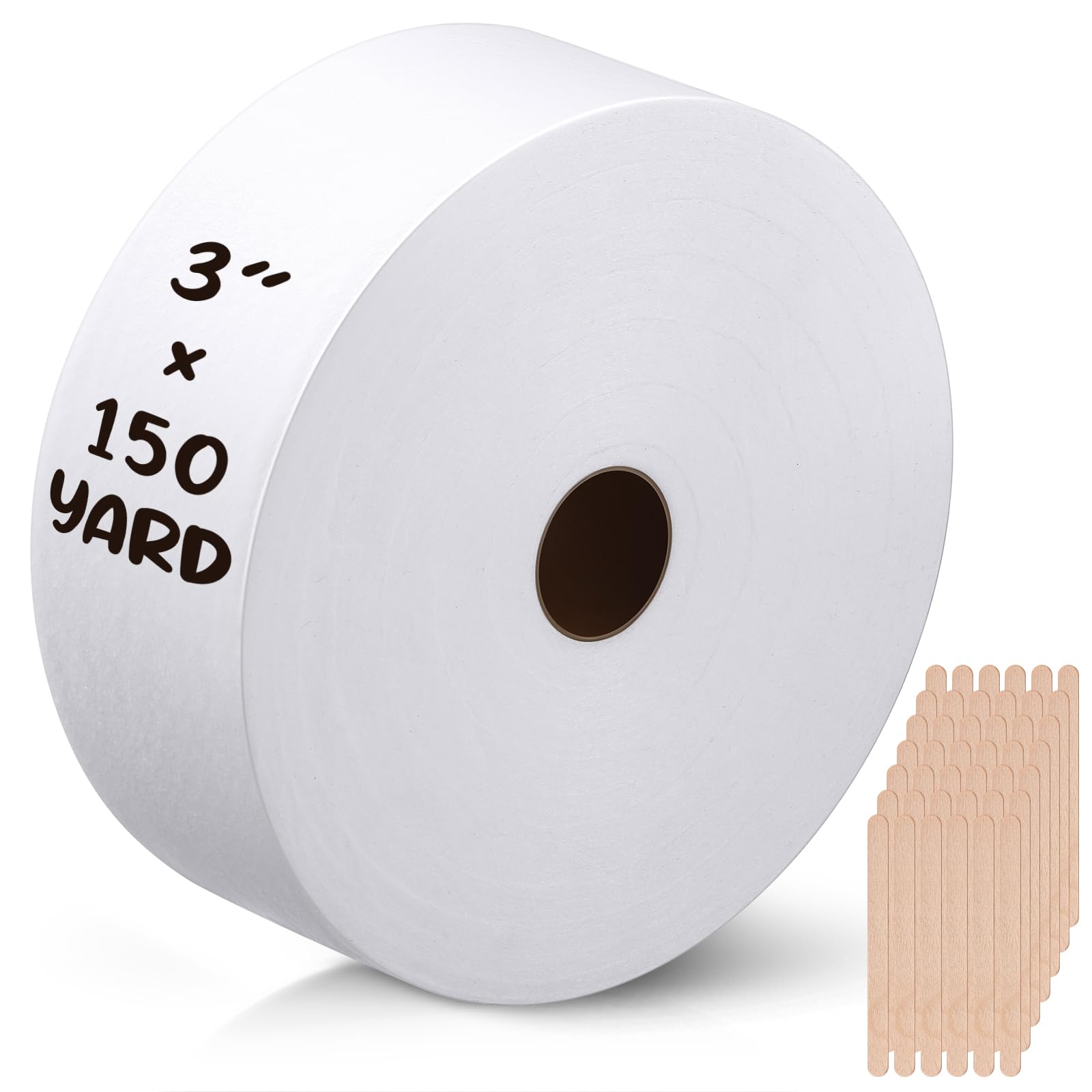 Photo 1 of Tegeme Non-woven Wax Strip Roll, 3 x 150 Yard Muslin Epilating Roll with 100 Wood Wax Sticks White Non Woven Strip for Body and Facial Hair Removal Men Women, Tear-resistant, Lint-free