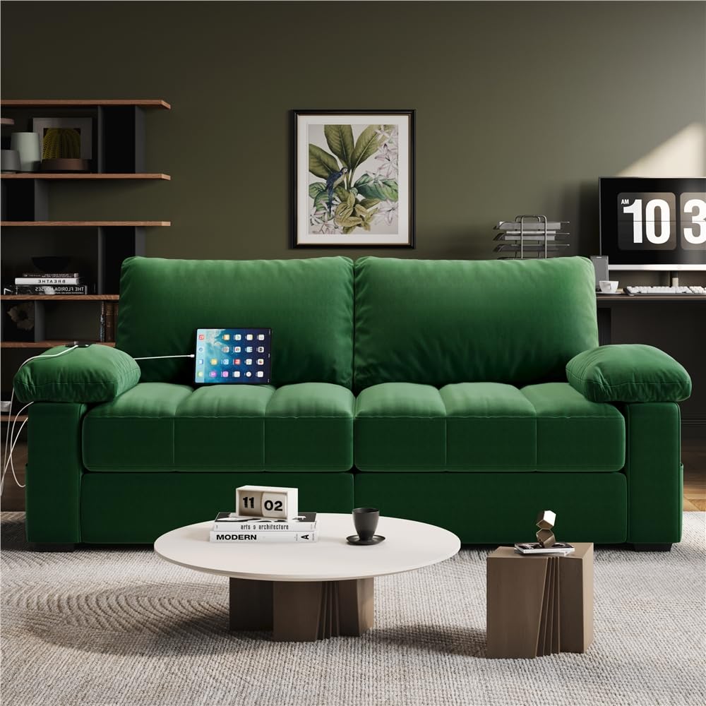 Photo 1 of 2 boxes Yaheetech 79" Velvet Couch, Comfy Sofa with Pocket Coils, Deep Seat, Storage Pockets and USB Ports, 2 Seater Modern Loveseat Sofas with Removable Cover, Pillow Top Arms for Living Room Apartment Green