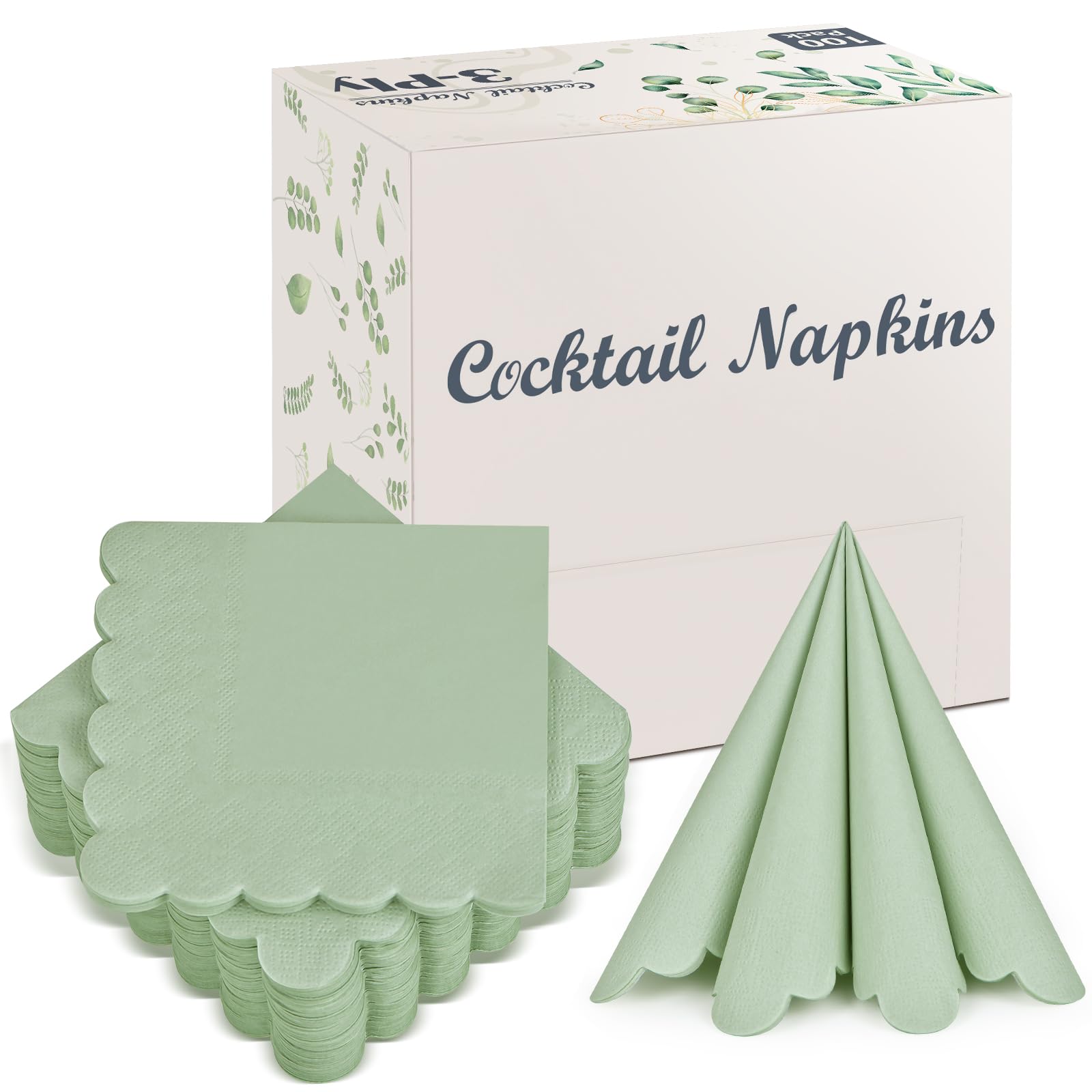 Photo 1 of 100 Pack Cocktail Napkins, 3-Ply Scalloped Edged Wedding Napkins Folded 5 x 5 Inches Dessert Napkins, Disposable Napkins for Dinner Birthday Party Bridal Anniversary Baby Shower Reception (Sage Green)