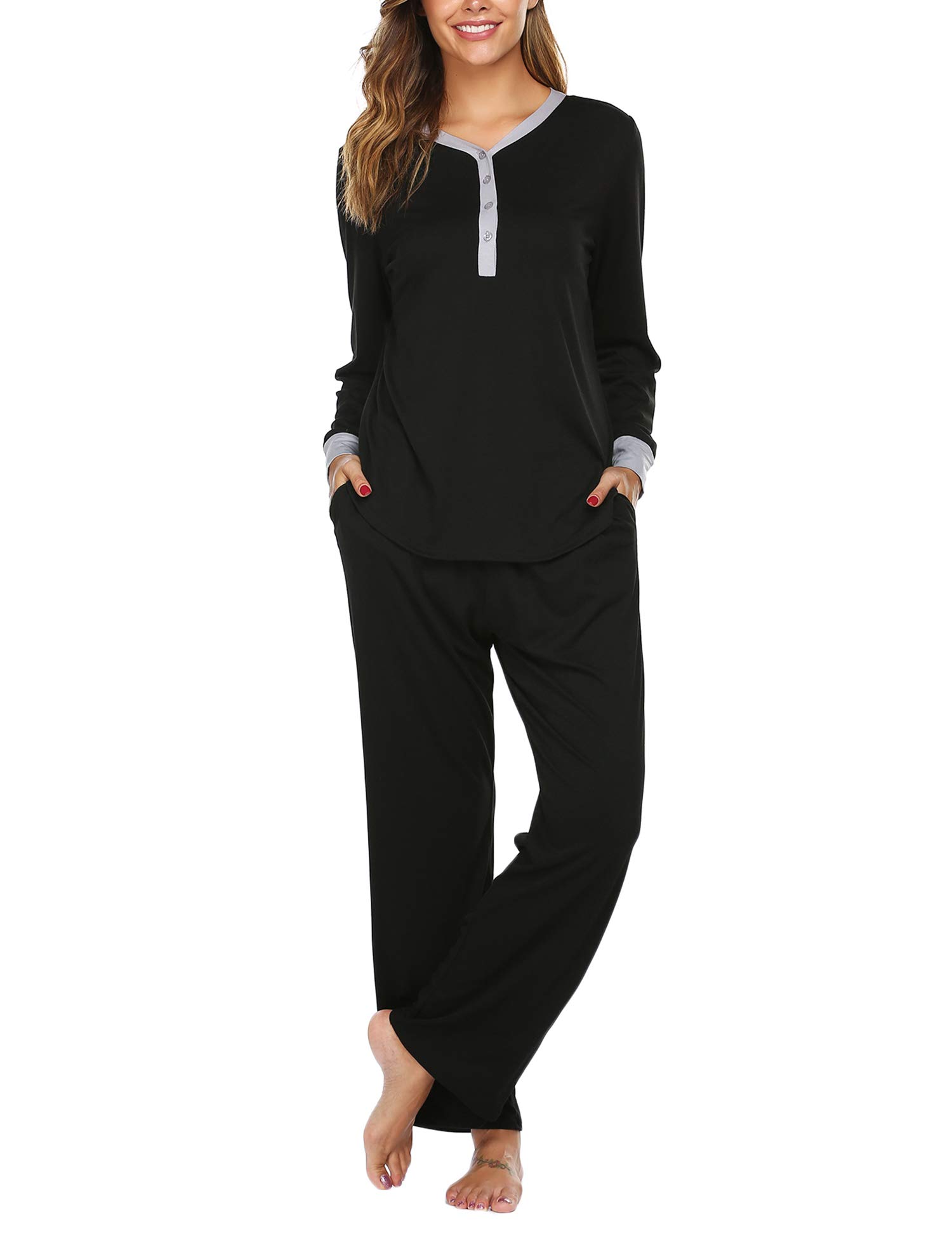 Ekouaer Women\'s Pajama Set Long Sleeve Sleepwear Long PJ Set Black