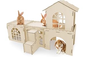 YUEPET Extra Large Wooden Bunny Castle, Ventilated Rabbit Castle Hideaway with Stairs, Detachable Small Animal Hideout & Habitats for Indoor Outdoor Dwarf Rabbits Bunnies to Hide & Play