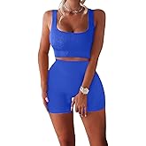 TWFRHC Women's Workout Sets Ribbed Tank 2 Piece Seamless High Waist Gym Outfit Yoga Shorts Sets