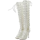 STUPMARY Women Peep Toe Sandals Cut-outs Cross-tied Lace Up High Heeled Gladiator Sandals Zipper Over The Knee Bootie Summer