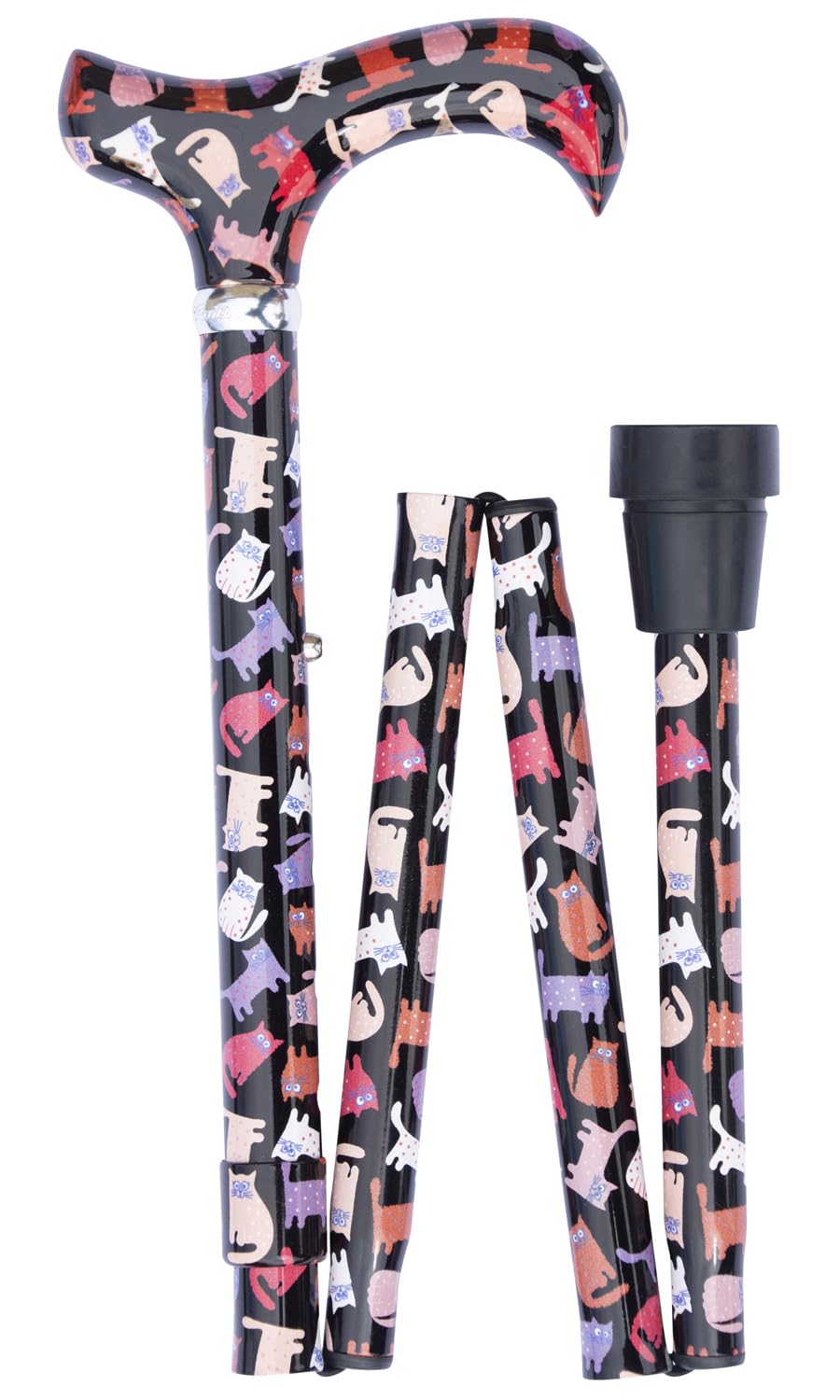 Classic Canes Contemporary Chic Crazy Cats Cane – Derby Handle Stylish Fashionable Foldable Adjustable Aluminium Walking Stick 79-89cm 315g – Modern Ergonomic Support, Non-Slip Rubber Ferrule