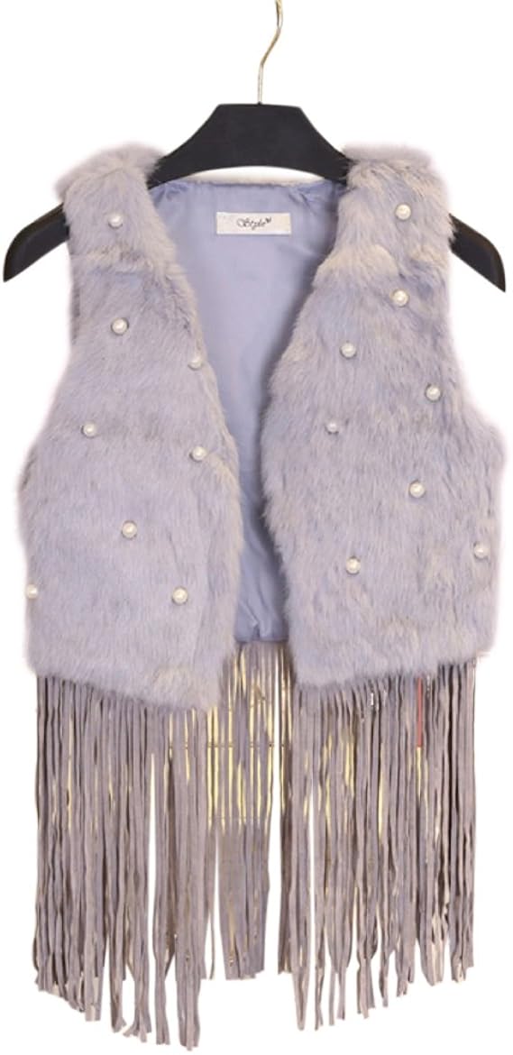 Amazon Formanism パーティ ゴージャス ふわふわ ラビットファー パール フリンジ ベスト レディース グレー ベスト 通販