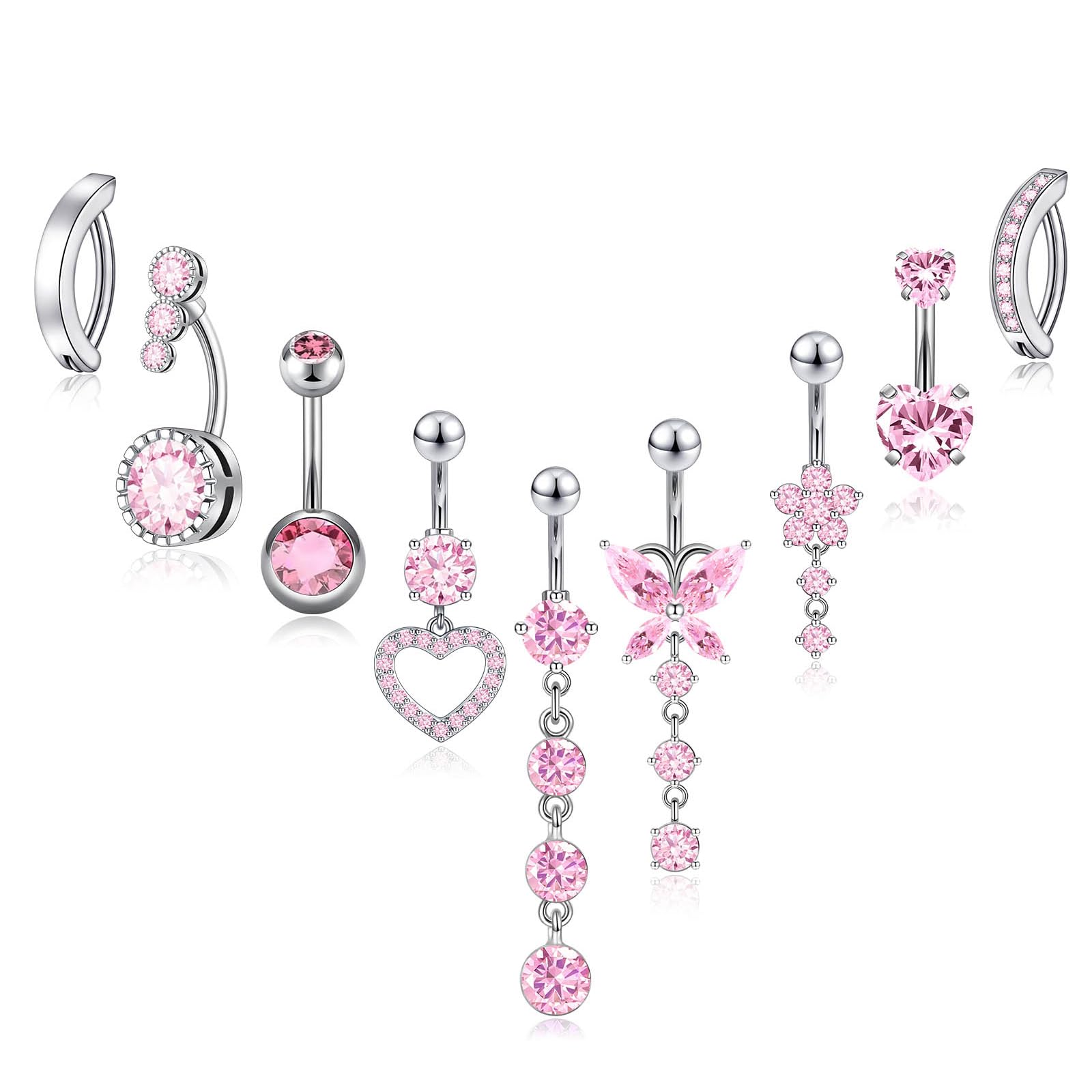 Beautidots 9PCS Belly Button Ring Pink Dangle