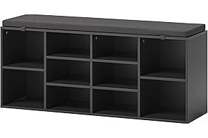 TJYGO Shoe Bench, 10 Cubbies Storage Rack Bench with Removable Padded Seat, Space Saving Shoe Shelf for Entryway, Living Room, Hallway, Bedroom