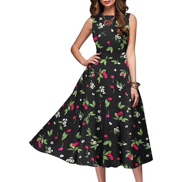 Women's Vintage Floral Flared Swing Dress - Sleeveless A-Line 1950s Style Dress (Audrey Hepburn Inspired)