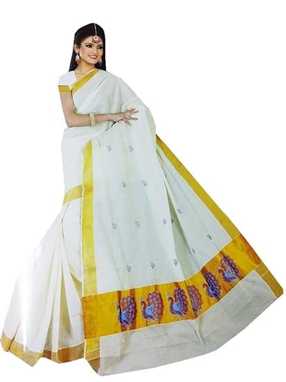 Womens Designer Cotton Kerala Traditional Saree with Golden Border
