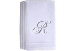 CREATIVE SCENTS Monogrammed Towels Fingertip, Personalized Gift, 11 x 18 Inches - Set of 4- Silver Embroidered Towel - Extra Absorbent 100% Cotton- Soft Velour Finish - For Bathroom/ Kitchen/ Spa- Initial R (White)