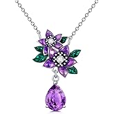 Lvoryance Natural Amethyst with Purple Flower Necklace 925 Sterling Silver Pear Cut Feburary Birthstone Elegant Necklace with 18+2 Inch Chain for Women