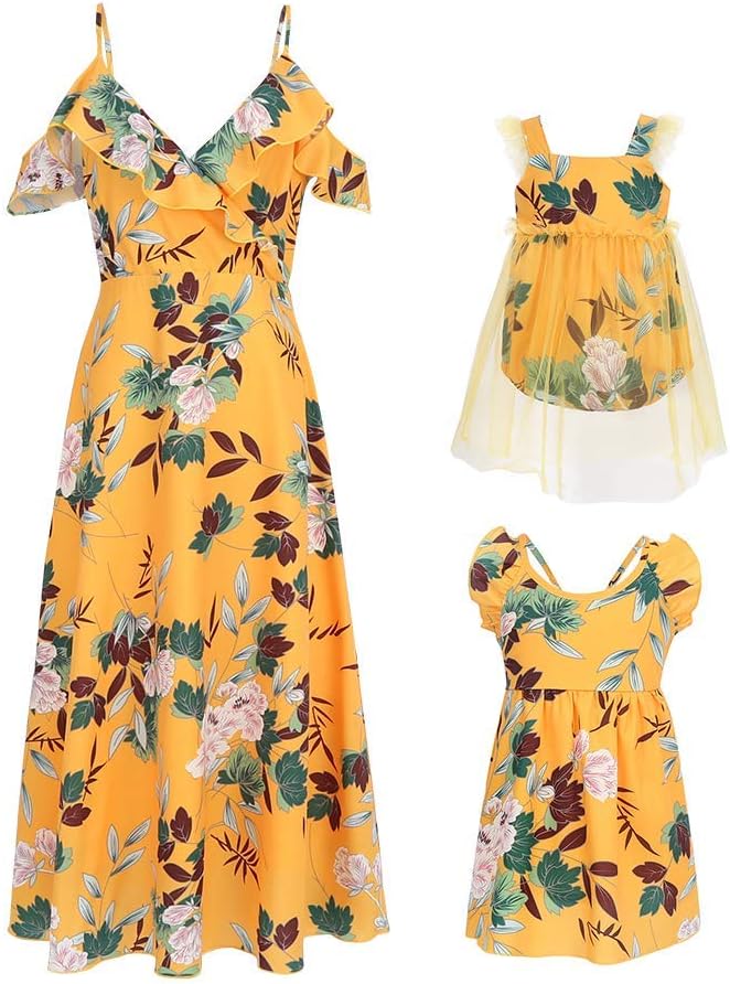 Mumetaz Mommy and Me Floral Print Cold Shoulder V-Neck Ruffle Backless Family Matching Clothes