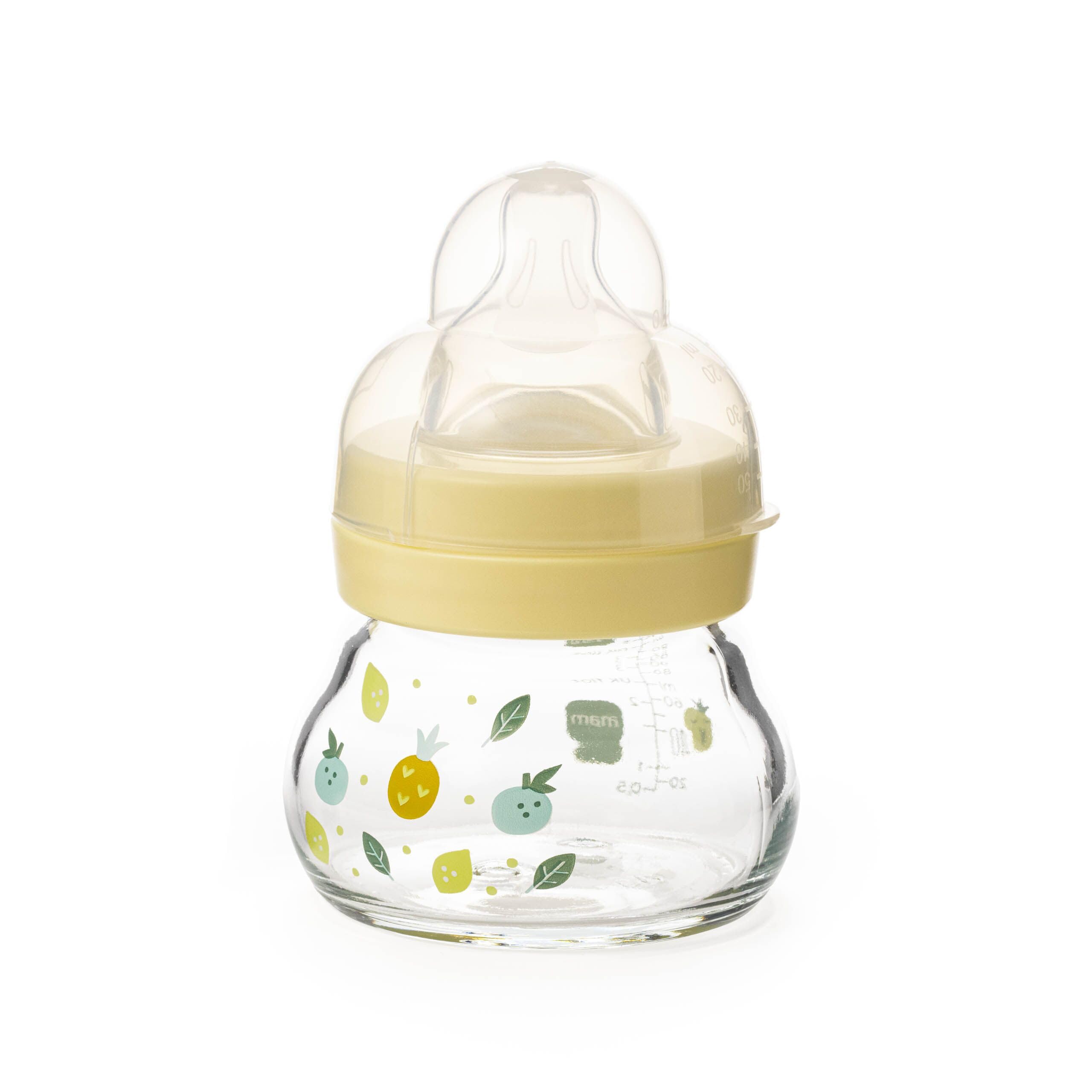 MAM Feel Good Glass Bottle | 1 Pack (1 x 90ml) | Extra Slow Flow MAM Teat Size 0 | Baby Accessories for Newborn | Yellow (Various Designs)