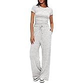 Darong Women's 2 Piece Set Outfits Lounge Sets Ruched Short Sleeve Tops High Waisted Wide Leg Pants Tracksuit Sets