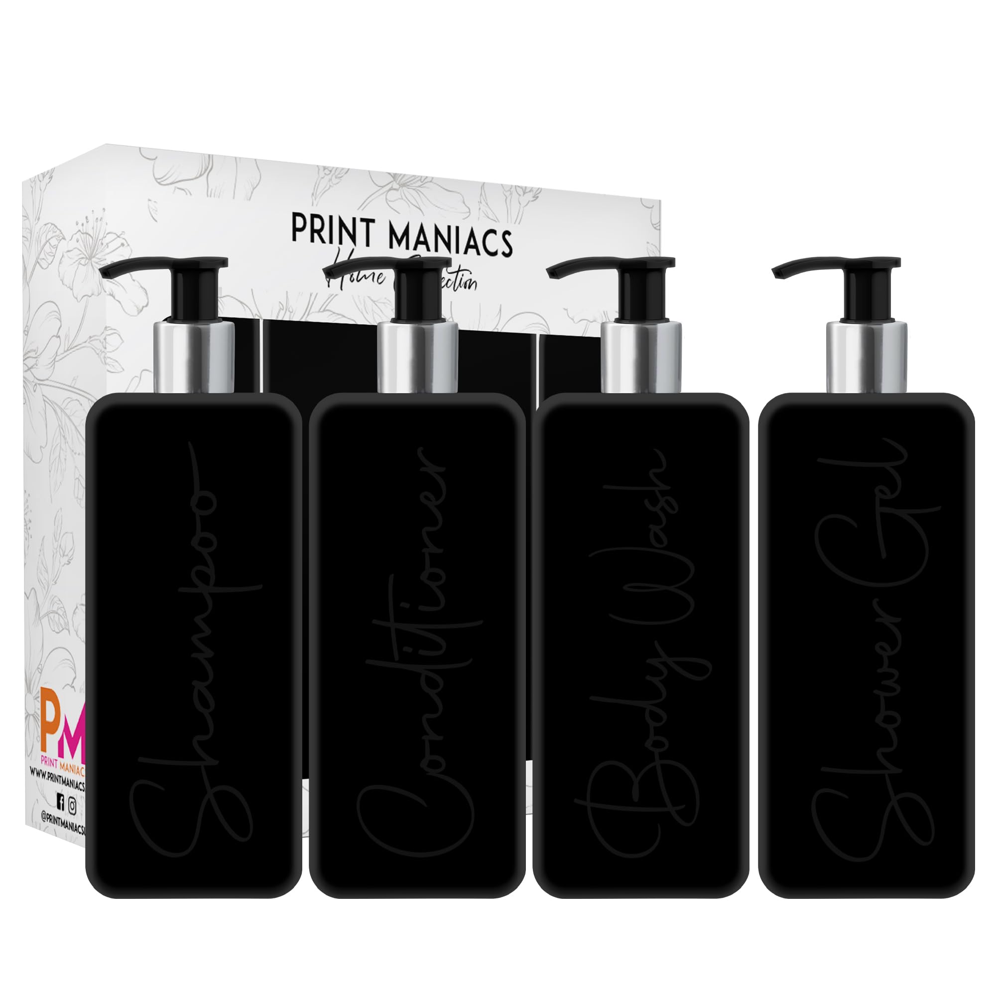 Print ManiacsMrs Hinch Inspired Signature Black 500ml Square Reusable Dispenser Bottle Silver Pump Personalised Bathroom Storage Toiletries Set F2 (Black, Shamp, Con, Body Wash, Shower Gel)
