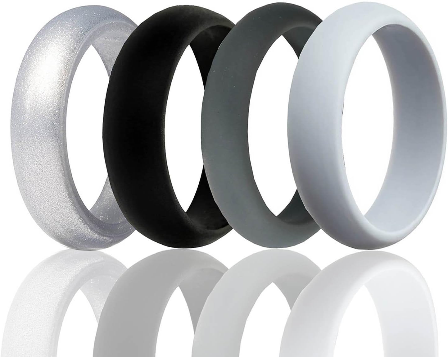 Silicone Wedding Ring For Men or Women By, Affordable Silicone Rubber Wedding Bands 4 Pack - Silver, Black, Dark Gray, Gray