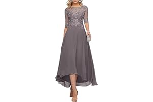 FNKSCRAFT Lace Appliques Mother of The Bride Dress 3/4 Sleeves A line Tea Length Chiffon Formal Wedding Party Prom Gowns for Women