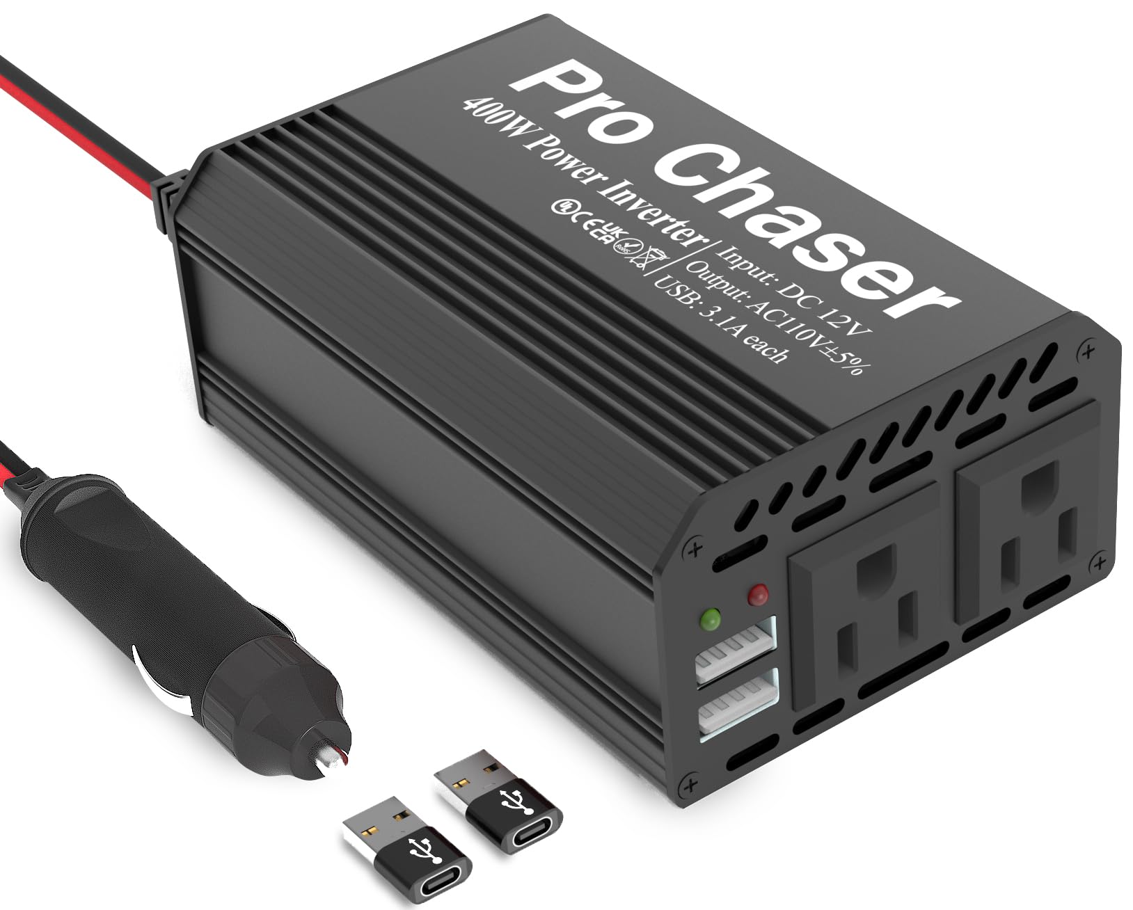 Photo 1 of Pro Chaser 400W Car Power Inverter 12V DC to 110V AC Car Truck RV Inverter 6.2A Dual USB Charging Ports for Road Trips (USB C Adaptors Included) (Black)