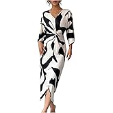SweatyRocks Women's Twist Front V Neck Cow Print Long Dress Elegant 3/4 Ruffle Sleeve Cocktail Dresses