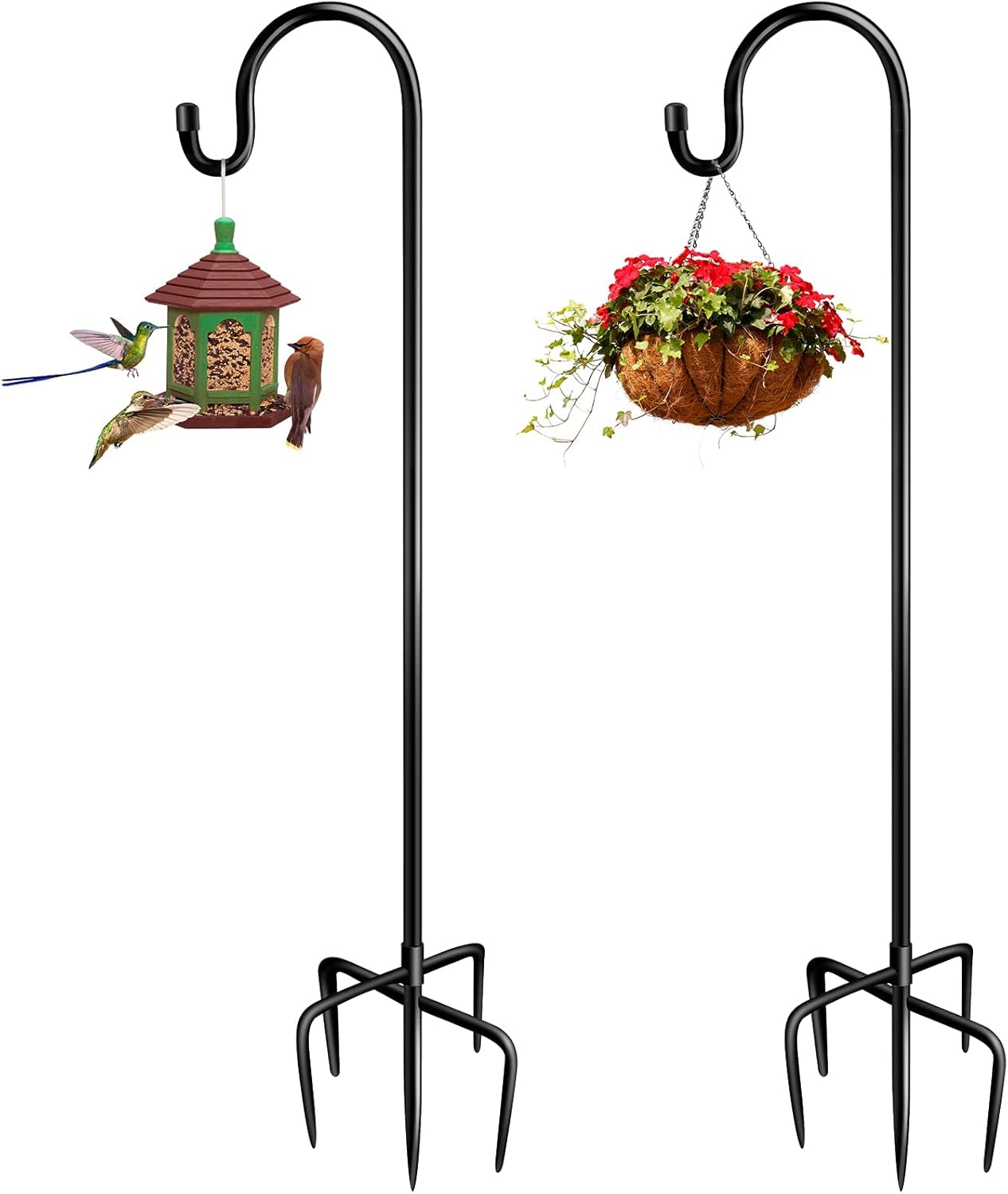Outdoor Shepherd's Hooks - PTNITWO Outdoor Shepherd Hook 63 Inch, Adjustable Heavy Duty Bird Feeder Pole,2 Packs, Metal Garden Holder for Hanging Plant Basket, Lantern, Wind Chime, Weddings Decor (Black) (63 inch)