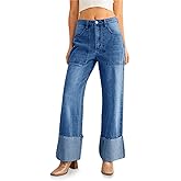 PLNOTME Womens Baggy Cuffed Jeans Casual Straight Leg Boyfriend Denim Pants with Pockets