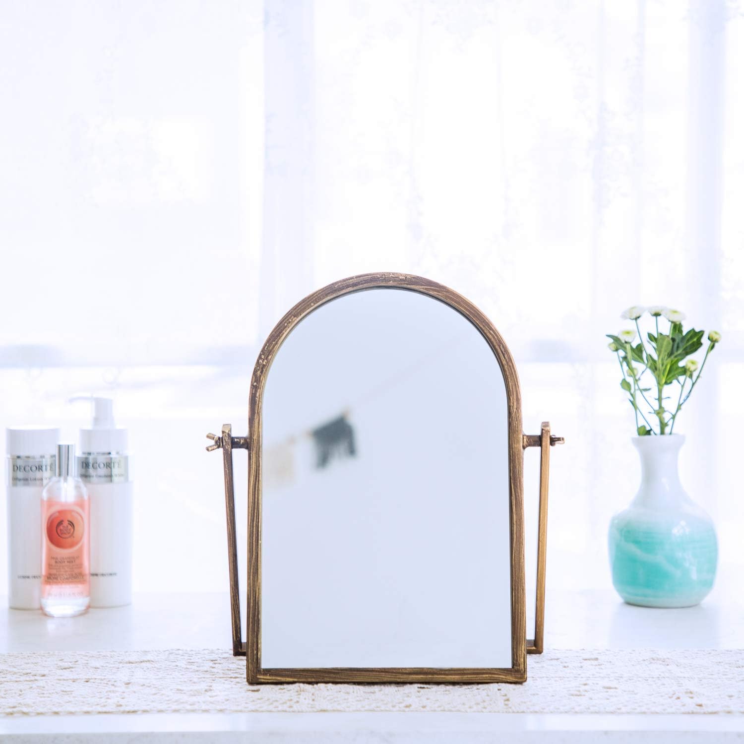 Geloo Vintage Vanity Mirrors Decor - Desk Makeup Antique Mirrors 360 Adjustable Rotation,Golden Metal Framed 10" Small Standing Mirror, for Tabletop Decor, Office, Bedroom, Bathroom, Living Room: Furniture & Decor