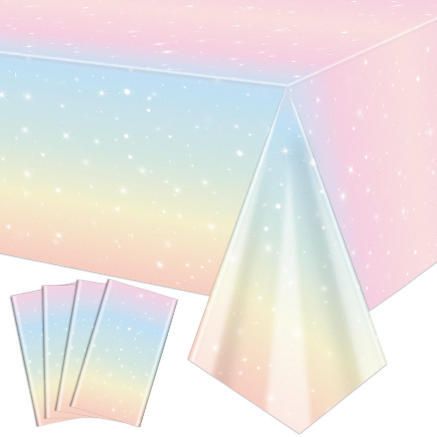 Photo 1 of QUERICKY 4 Pack Pastel Rainbow Tablecloths, 51x108'' Plastic Disposable Rectangle Pastel Table Cover for Girls Rainbow Birthday Party Decorations Baby Shower Party Supplies