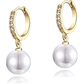 CERSLIMO Pearl Drop Earrings for Women | S925 Sterling Silver Post Simulated Shell Pearl Hoop Dangle Earrings, Hypoallergenic Cubic Zirconia Huggies Earrings Bridesmaid Jewelry