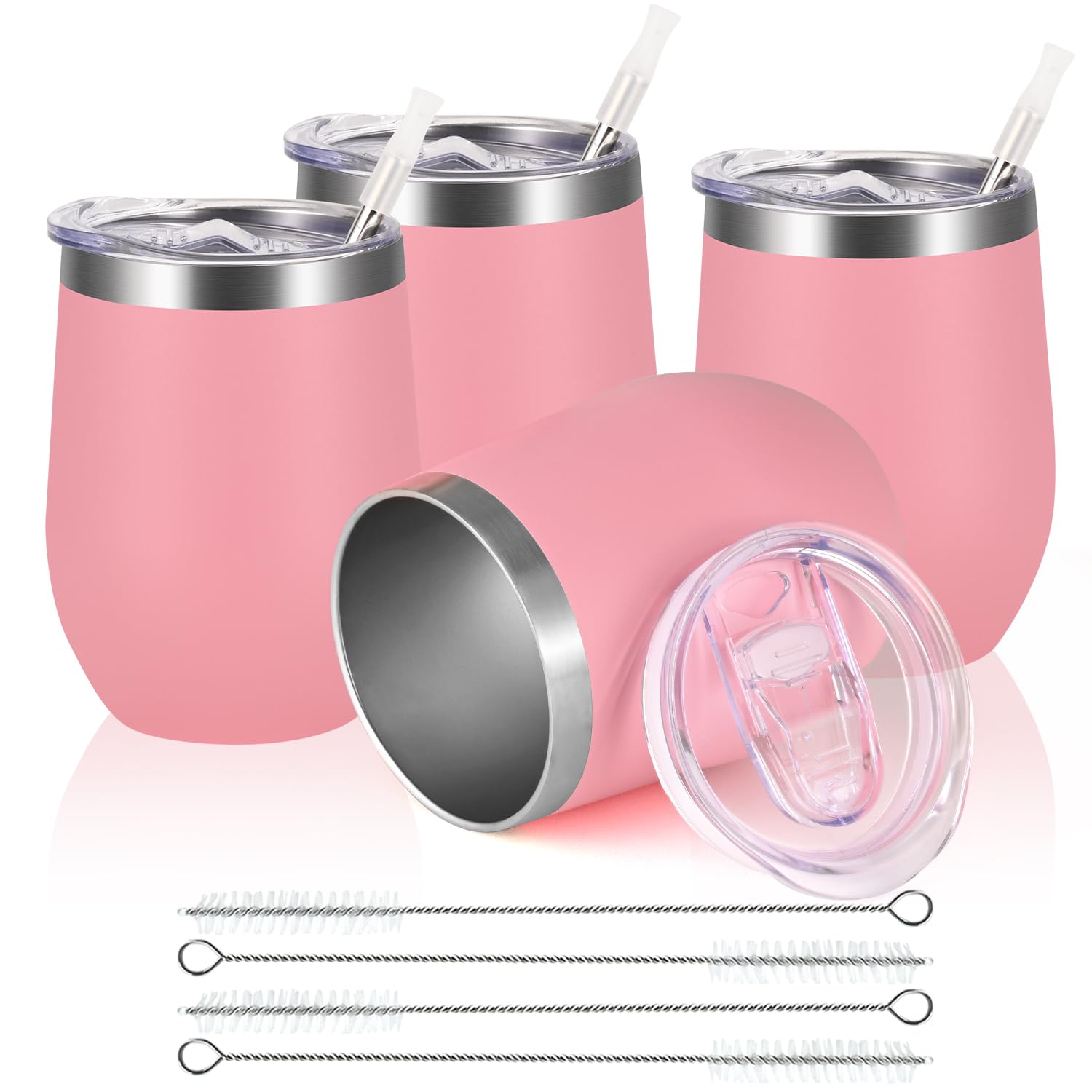 Joymaking Reusable Coffee Cup, Double Walled -Insulated Travel Mug Vacuum Stainless Steel Wine Tumbler with Spill Proof Lid, Great for Hot Cold Drinks Coffee Wine, 4 Piece Set 12 Oz Pink