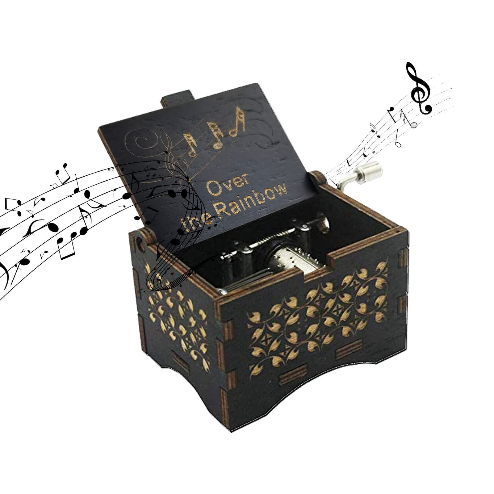 CDIYTOOL Over The Rainbow Music Box, Wooden Hand Crank Rainbow Music Box Classic Vintage Wood Handmade Musical Boxes Best Gift for Friends, Valentine's Day/Wedding Day/Birthday (Black)