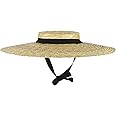 Peosaard Straw Boater Hat for Women Summer Beach Breathable Woven Straw Hat UV Protection with Chin Strap & Lining Vintage Floppy Wide Brim Straw Hat Gift, Black Strap, Straw Boater Hat