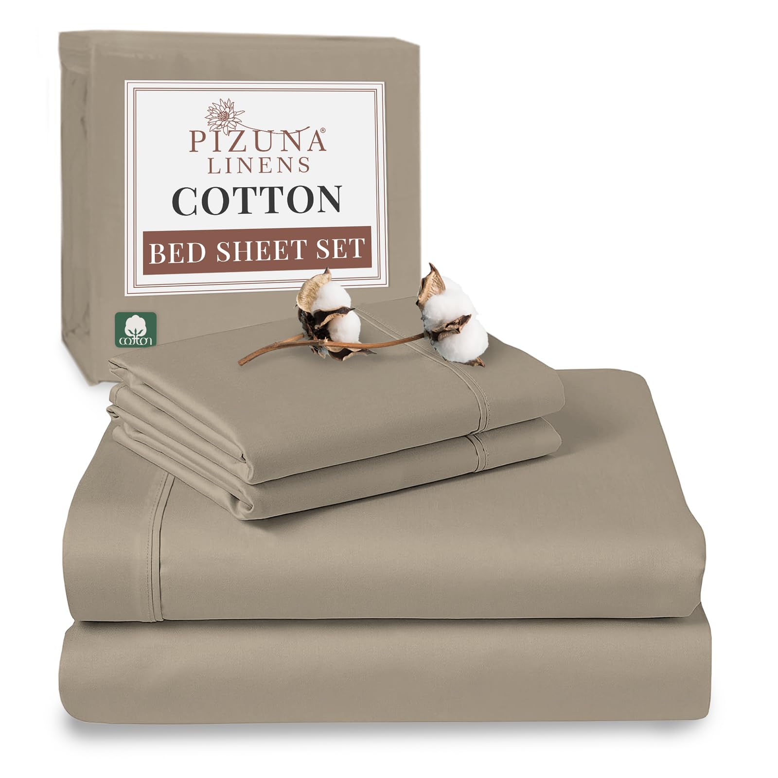 Pizuna 100% Cotton Double Bed Sheet Set Simply Taupe, 400 Thead Count Long Staple Cotton Bedding Set 230x280 cm, Soft Sateen 4 PC Double Bed Sheet Set - Fitted Sheet, Flat Sheet & 2 Pillowcases