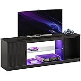 Bestier LED Entertainment Center for PS5, Gaming TV Stand with Cabinet 55/65 Inch TV, Modern TV Console with Adjustable Glass Shelf Living Room Bedroom, Black Carbon Fiber 57"