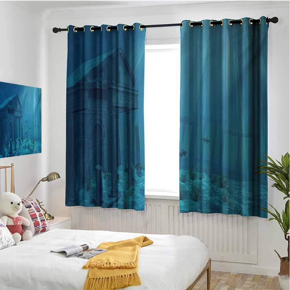 hengshu Ocean Grommet Thermal Curtains Blackout Sun Rays Over Ruins of A Former Civilization Deep Sea Atlantis World Nautical Picture Print Darkening Drapes for Bedroom W52 x L63 Inch Teal