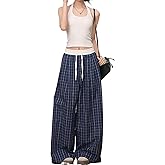 Women's Y2K Goth Baggy Wide Leg Plaid Pants Drawstring High Waist Color Blocking Casual Elastic Waist Trouser