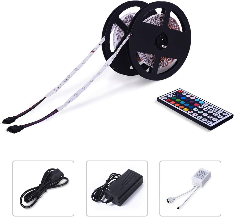 TN Cow LED Strip Lights 32.8ft/10M Flexible Non-Waterproof IP20 5050 RGB 300 12v LEDs Light Kit RGB LED Strips Lighting With 44 Key IR Remote Controller and DC 12V 5A Power Adapter Supply for DIY Party Decoration, Home, Kitchen, Gardens, Cars, Party KTV, Studio, Wedding, Girls Room, Decoration and Indoor Outdoor Use