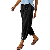Cotton Casual Capri for Women Elastic High Waisted Loose Lantern Tapered Harem Pants with Pockets