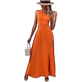 SweatyRocks Women's Sleeveless One Shoulder Tie Back Dress Cut Out A Line Split Maxi Dresses