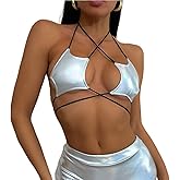 Caviotess Women's Metallic Holographic Star Bra Crop Top Lace Up Halter Bralette Bandeau Camisole