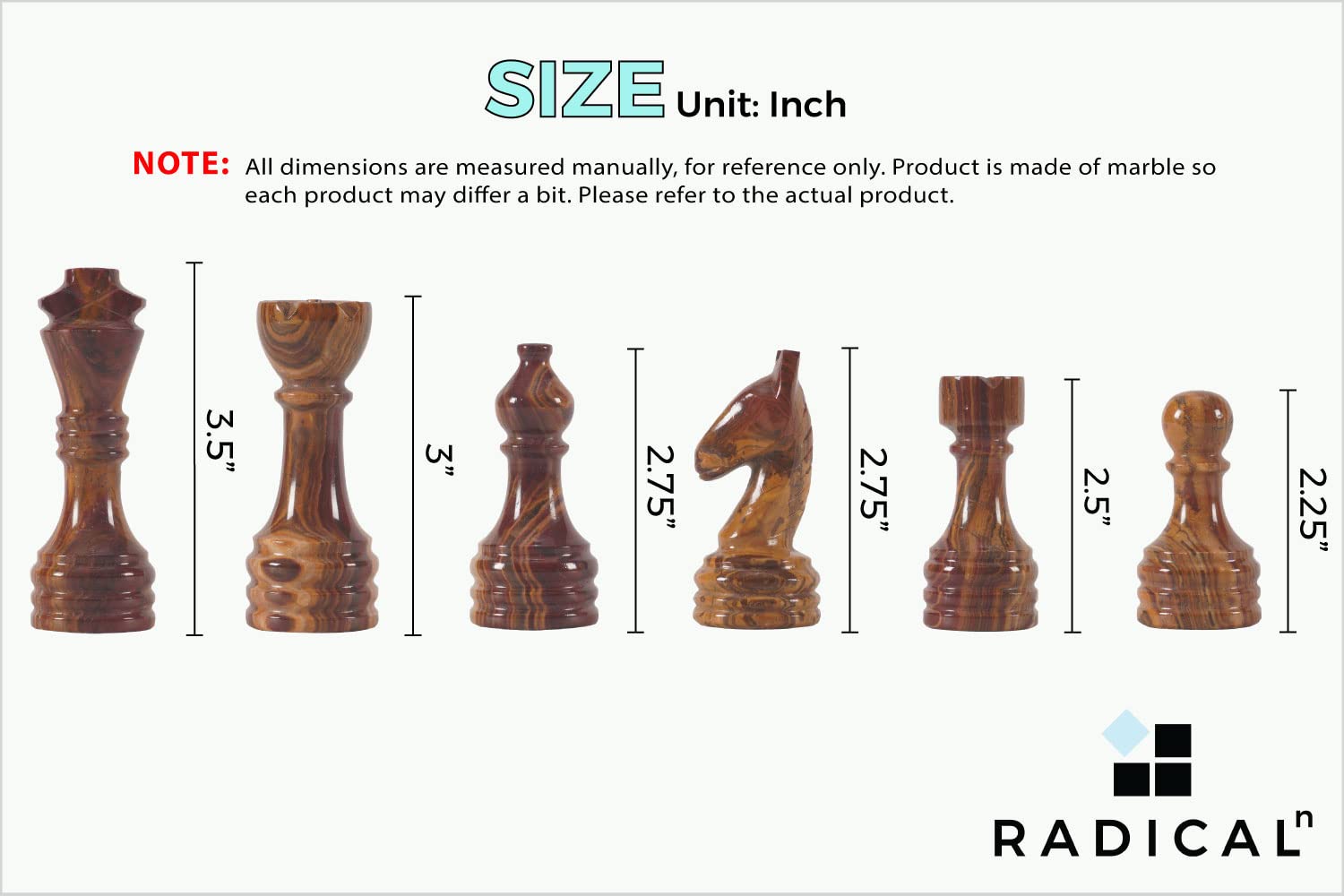 Radicaln Marble Chess Pieces Red & Coral 3.5 Inch King Figures Handmade 32 Chess Figures - Suitable for 16-20 Inch Chess Game - Board Games