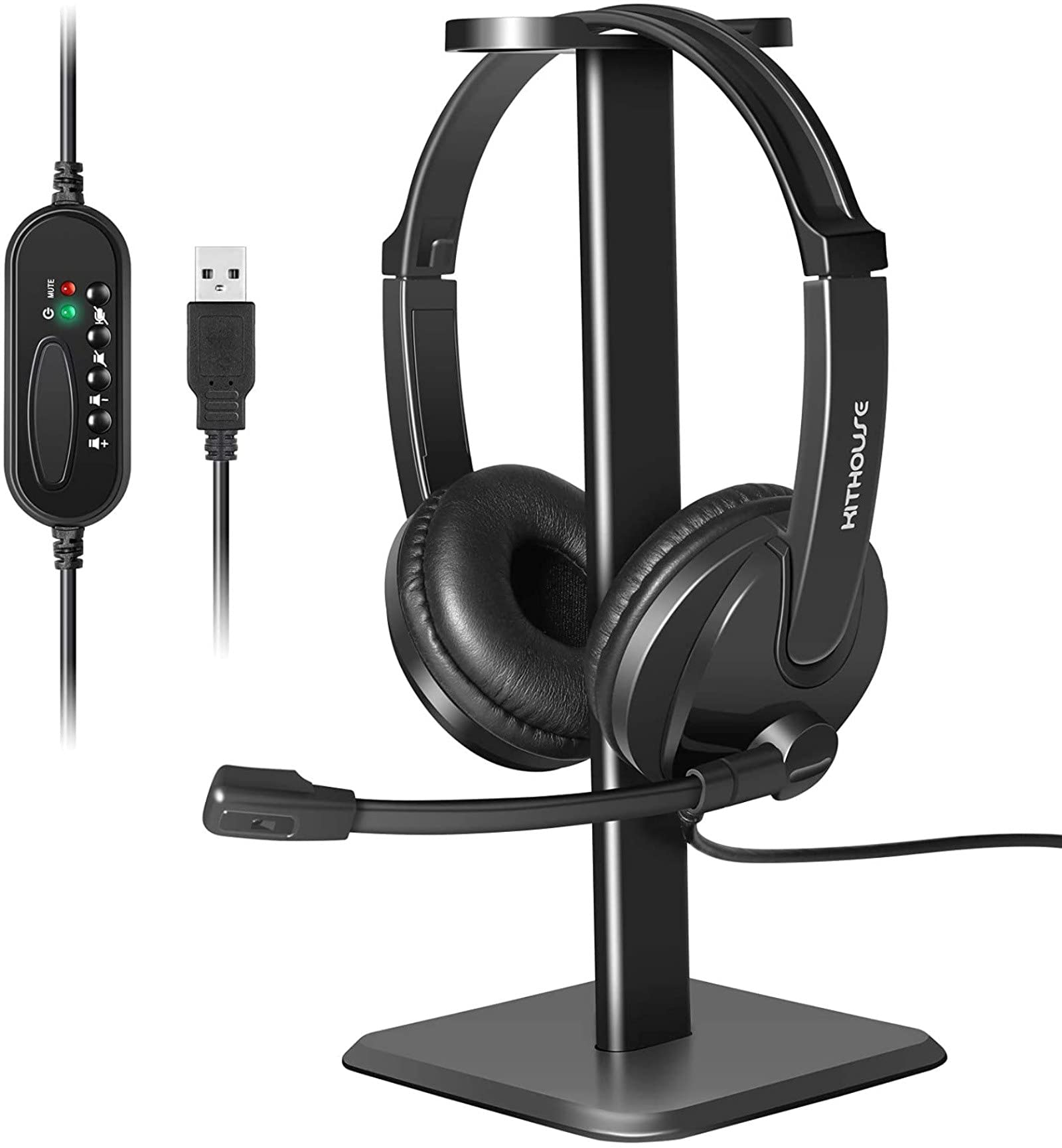 Kithouse PC Headset with Microphone USB Business Office Headset Computer Headphone With Noise Reduction Sound Card, for Skype,Online Webinar, Call Center,Video Conference Call, with Headset Stand