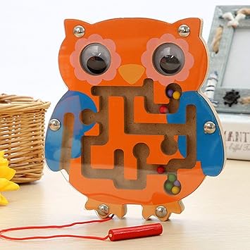 Simple Days Magnetic Pen Driving Bead Maze Wooden Jigsaws Puzzle Board Game Educational Toy - Owl