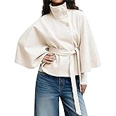 Rseoutlh Womens Batwing Sleeve Ponchos Pea Coat Wool Bland Fall Winter Collar Belt Capes Jacket Cropped Overcoat
