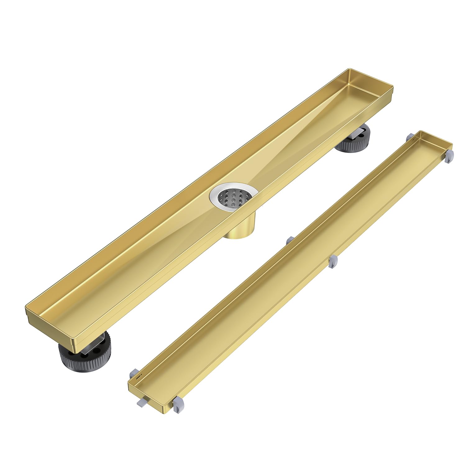 Photo 1 of EXF Linear Shower Drain 36 Inch Brushed Gold Tile Insert, Stainless Steel Rectangle Shower Floor Drain Cover with Hair Catcher, Adjustable Feet