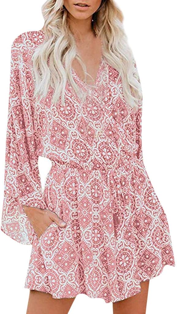 STORTO Womens Summer Jumpsuit Ladies Causal Long Sleeve V Neck Boho Rompers Playsuit Holiday Mini Jumpsuit Bodysuits: Clothing